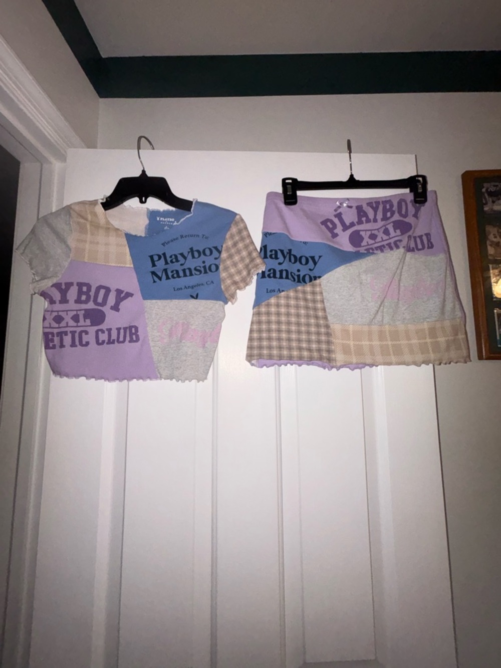 PLAYBOY Patchwork Crop Top & Mini Skirt - Lavender, Blue & Cream